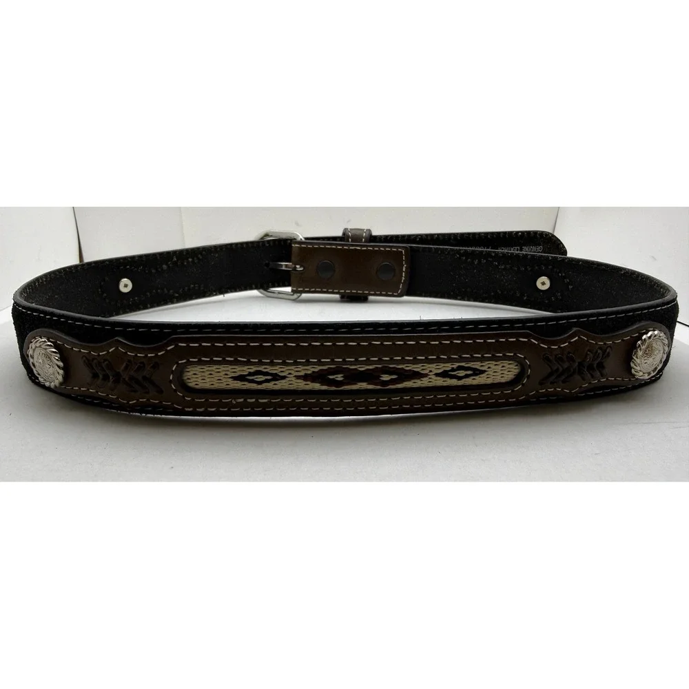 Nocona Belt Co Brown Leather Western‎ Horsehair Inlay Concho Belt SZ 28 N441580